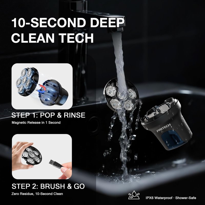 PRITECH Head Shaver for Bald Men - Effortless 6D Floating Shave,Electric Head Shavers for Men & Bald Head Shavers,Waterproof Cordless Razor for Smooth Scalp,Face & Perfect Beard,2-Speed,80Min Runtime