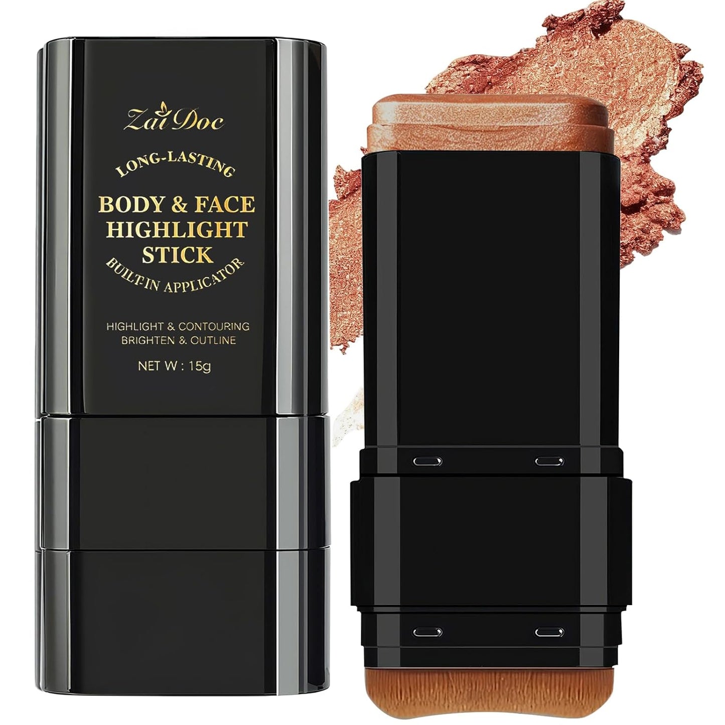 Golden Shimmer 2-in-1 Body Stick - Cream Bronze Highlighter with Blending Brush | Long-Lasting Glow, 0.51oz