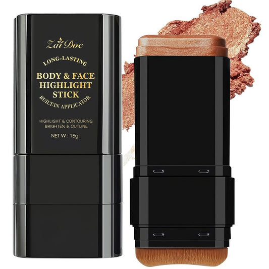 Golden Shimmer 2-in-1 Body Stick - Cream Bronze Highlighter with Blending Brush | Long-Lasting Glow, 0.51oz