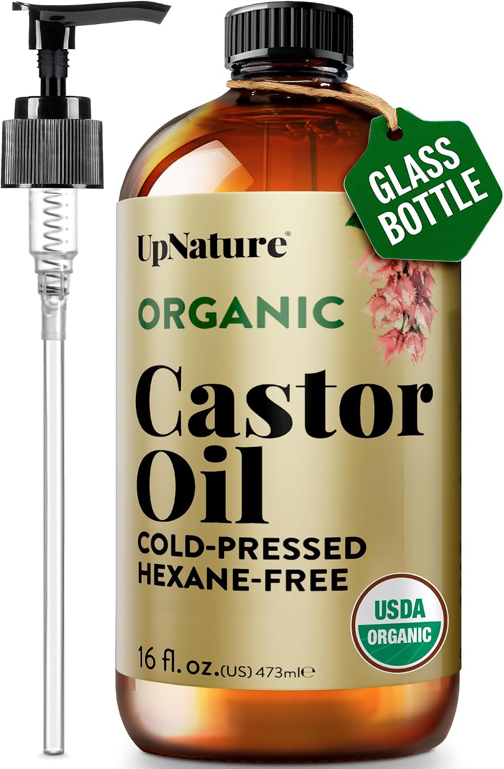 Organic Castor Oil - 100% Pure Cold Pressed 16oz Glass Bottle | USDA Certified, Hexane Free for Face, Hair & Skin