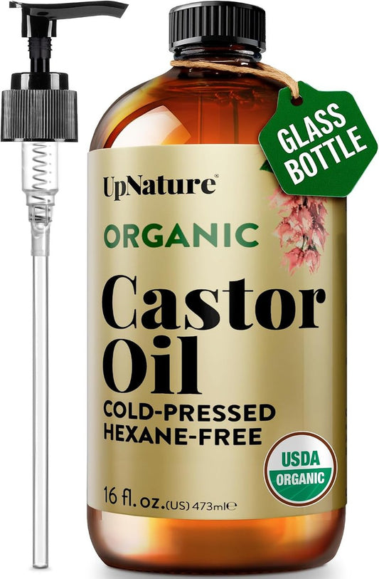 Organic Castor Oil - 100% Pure Cold Pressed 16oz Glass Bottle | USDA Certified, Hexane Free for Face, Hair & Skin