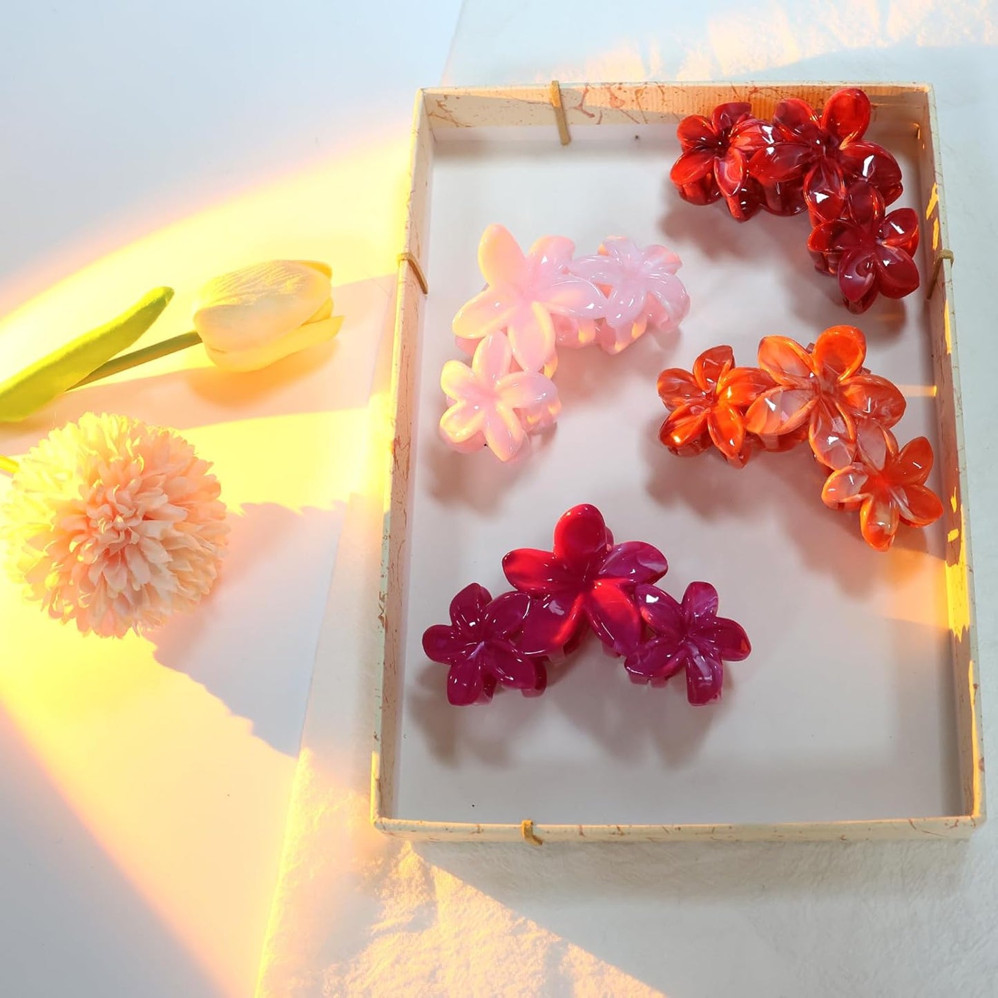 Cute Hawaiian Flower Claw Hair Clips - 4Pcs Large Clips for Thick or Thin Hair | Pink & Red Beach Accessories