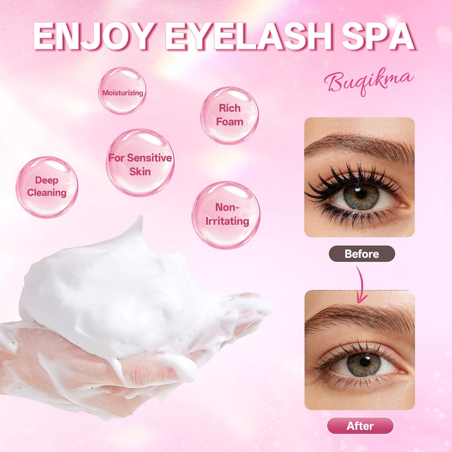 Buqikma Lash shampoo for Eyelash Extension, 60Ml/2.02 fl.Oz Eyelash Shampoo Kit with Lash Wash Brushes Gentle Lash Extension Cleanser for Professional Salon and Home Eyelash Care