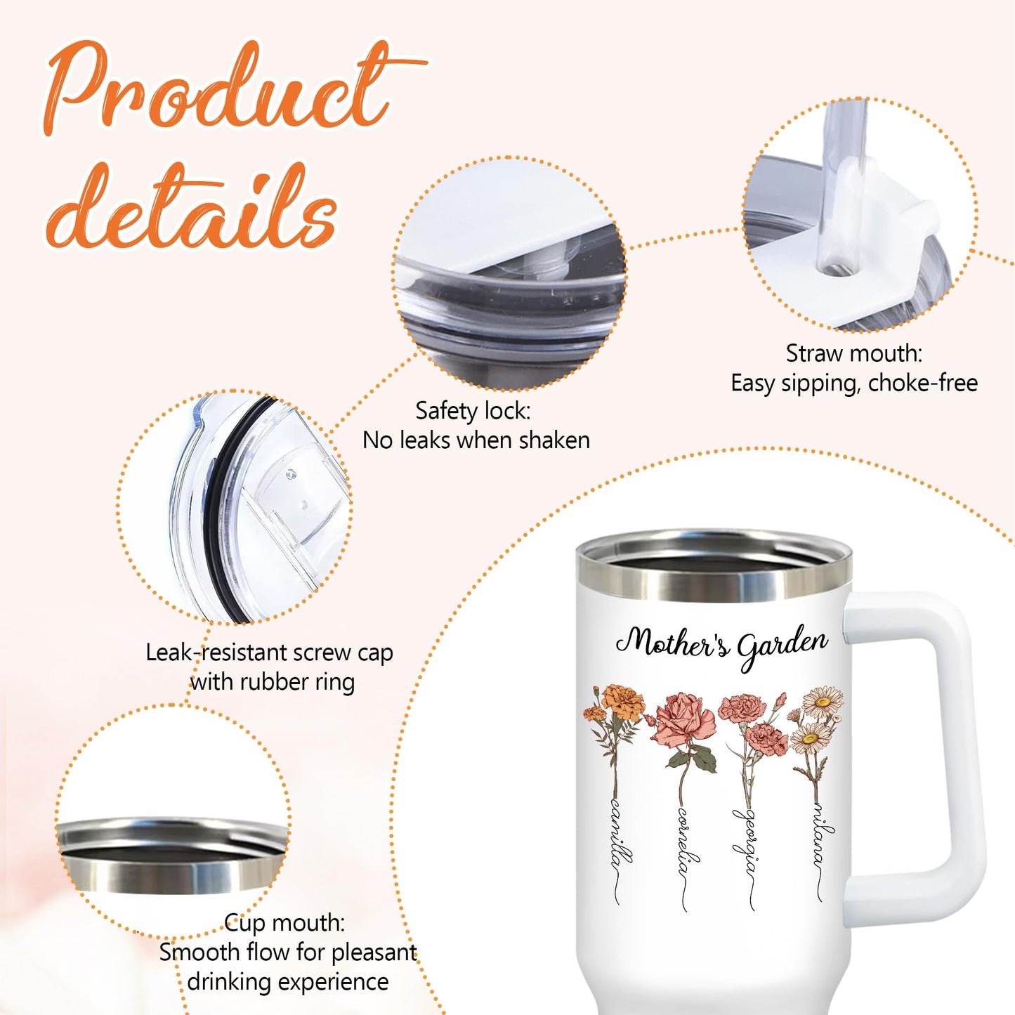 Personalized Mothers Garden Tumbler With Names, 40 Oz Travel Coffee Tumbler