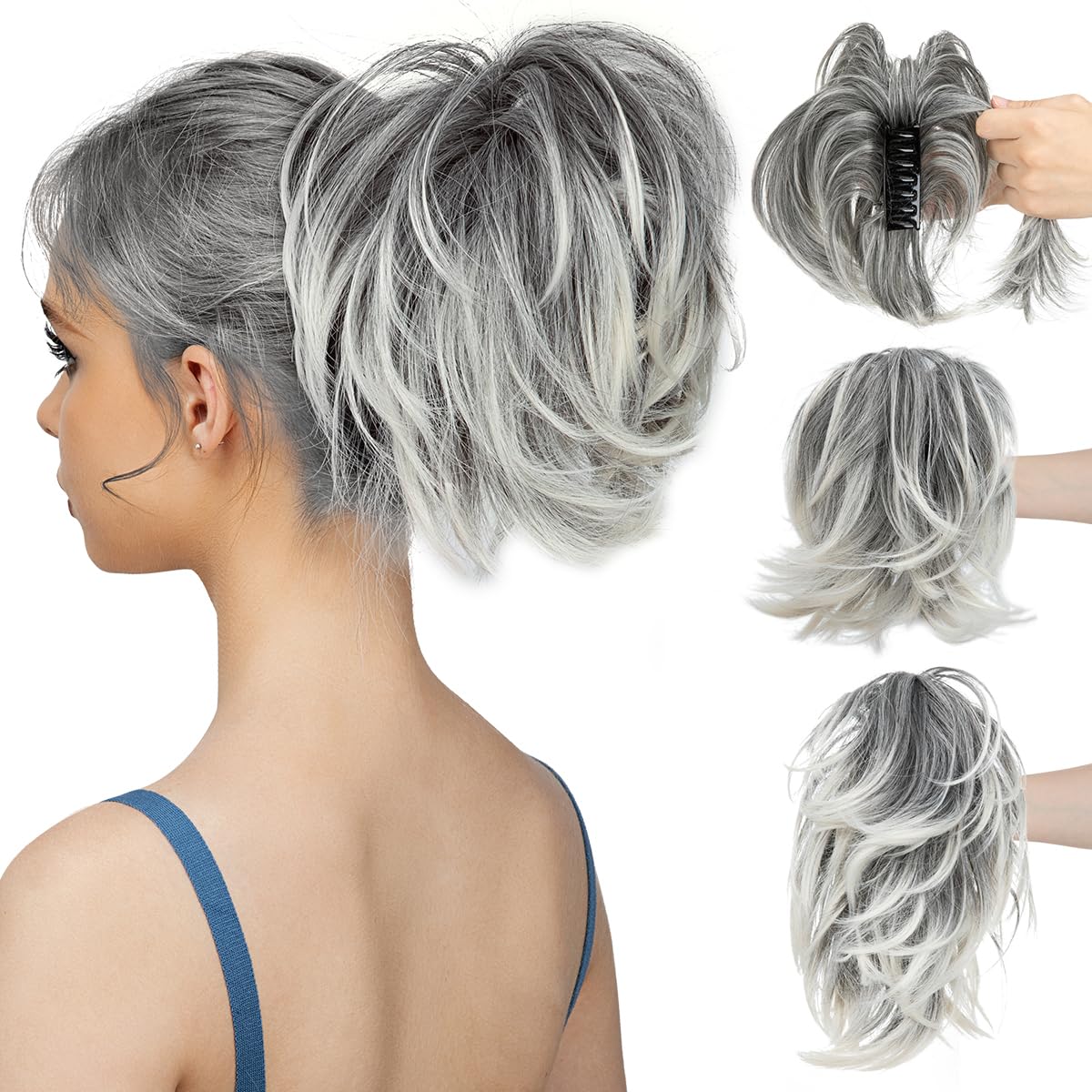 CJL Hair Claw Clip Short Ponytail Extensions - Bendable Metal Messy Bun Piece | Wavy Curly Synthetic Hair, Ash Grey