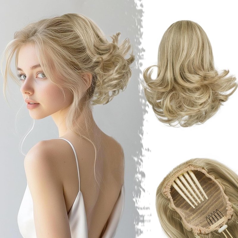 Short Blonde Wavy Drawstring Ponytail - 10 Inch Synthetic Clip-In Hair Extensions | Light Ash Blonde with Highlights