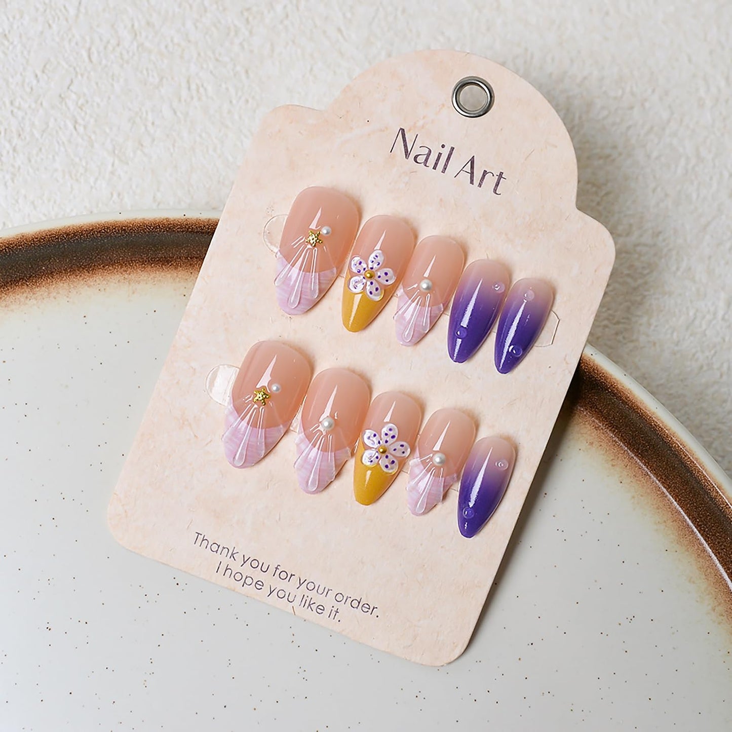Summer Beach Press-On Nails - 24Pcs Medium Almond Purple French Tip with Starfish & Seashell Design | Floral Acrylic Full Cover
