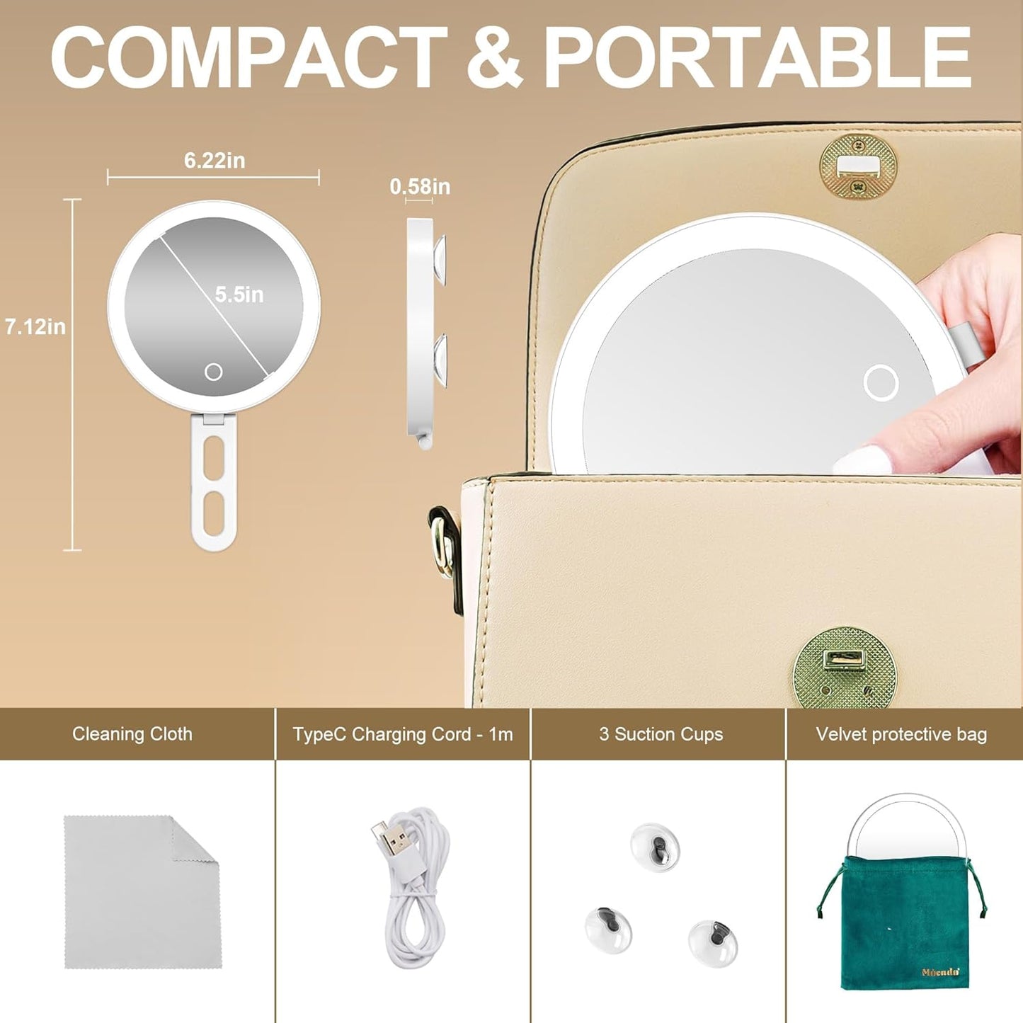 30x Magnifying Makeup Mirror with Light - 6" Travel Size, 3 Suction Cups, 3 Lighting Colors | Handheld Design, Stable Stand