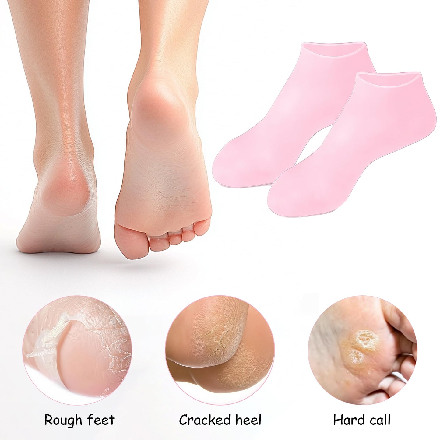 2 Pairs Pink Silicone Socks for Dry Cracked Feet Womens Moisturizing Foot Socks Fits Up to Size 10