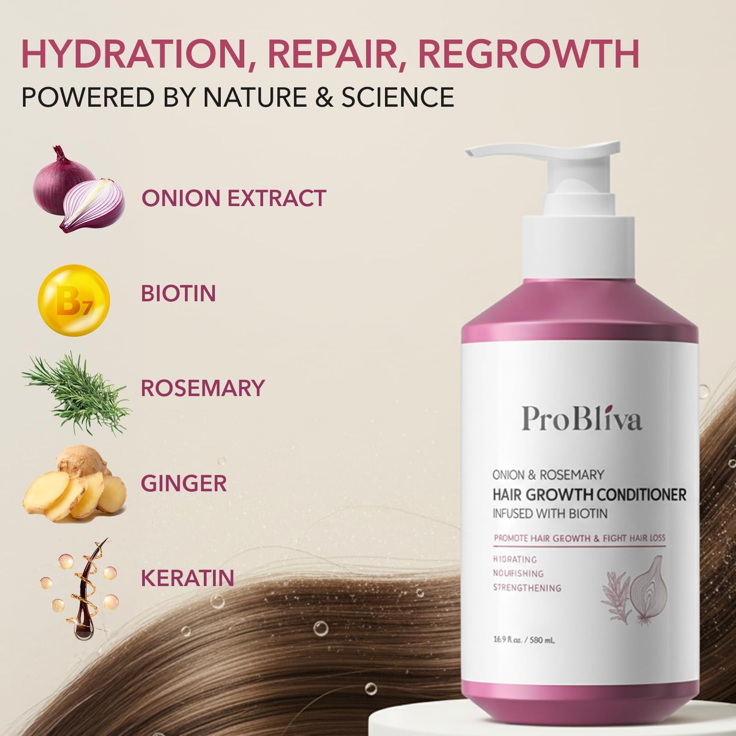 Onion & Rosemary Hair Growth Conditioner: Biotin Infused Nourishing Formula for Thinning, Dry, Breakage & Damaged Hair – Moisturizing & Strengthening Conditioner for Women and Men - 16.9 Fl Oz