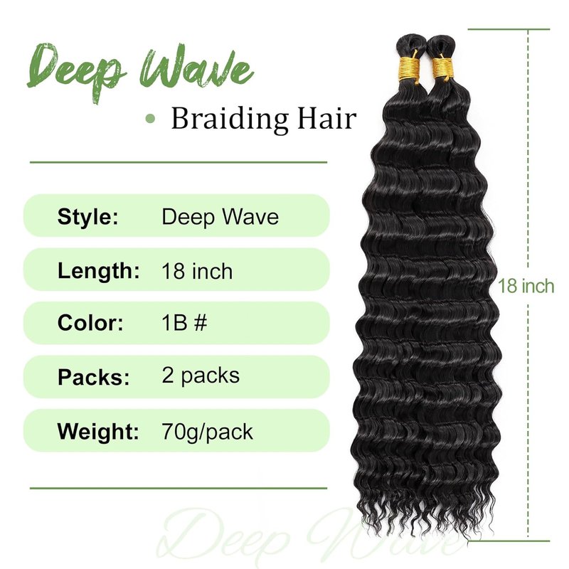 Eerya Long Curly Braiding Hair - 18 Inch Ocean Wave Crochet Hair for Boho Braids | Deep Wave, 2 Packs, 1B