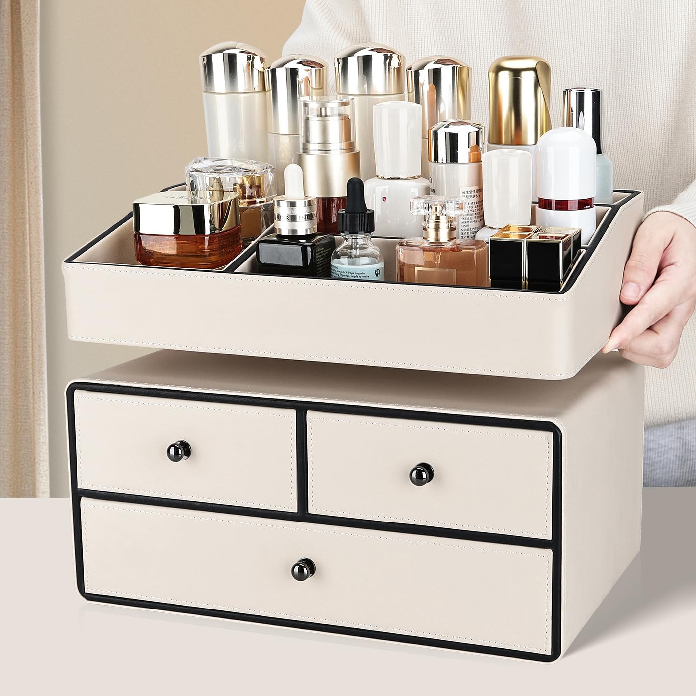 Leather Makeup Organizer - 3 Drawer 2 Tier Cosmetic Storage for Vanity & Bathroom | Beige