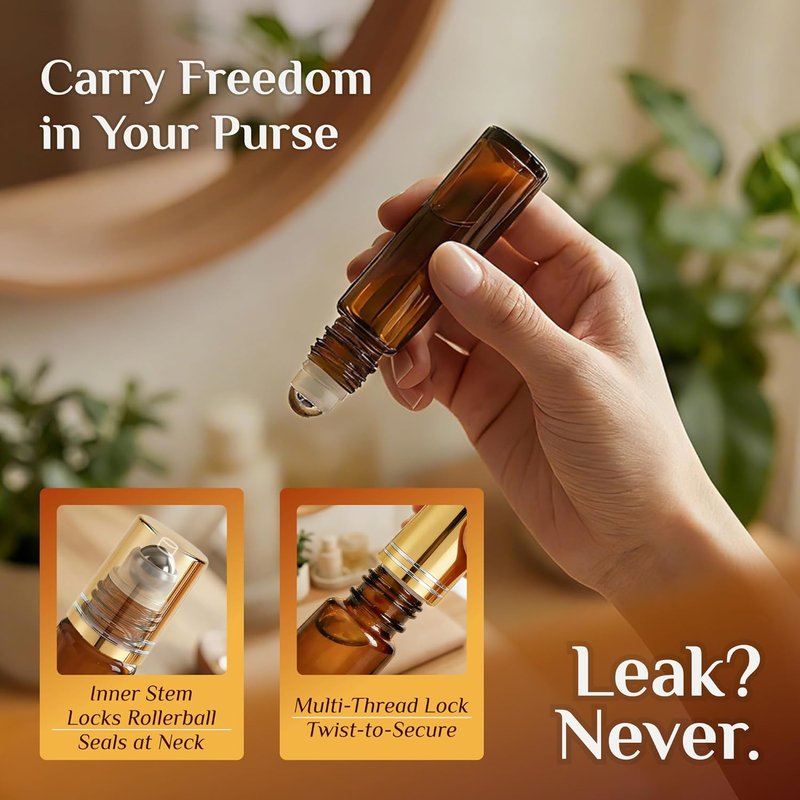 Amber Glass Oil Roller Bottles - 4 Pack 10ml Leak-Proof Refillable | Essential Oils & Perfume