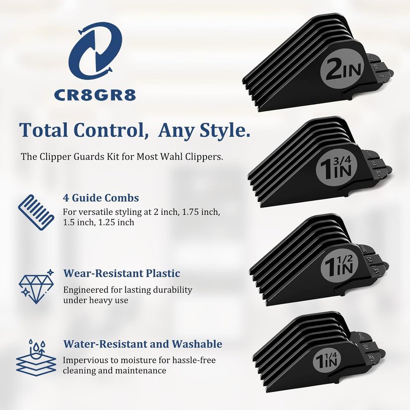 Clipper Guards Set - Compatible Replacement for Wahl Clippers | 4-Piece Extra Long Hair Guides - 2", 1.75", 1.5", 1.25" Black