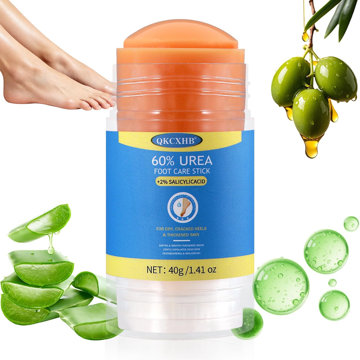 60% Urea Foot Cream Stick Plus 2% Salicylic Acid - Maximum Strength Callus Remover for Dry Cracked Heels & Feet - Touch-Free Exfoliating Moisturizer Bar for Rough Elbows, Knees & Sensitive Skin