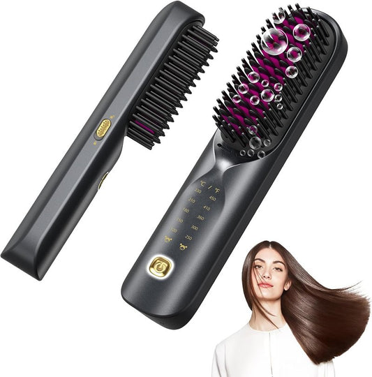 Cordless Hair Straightener Brush - Mini Portable Travel Hair Straightening Comb | 300M Anti-Frizz, Fast Heating for All Hair Types