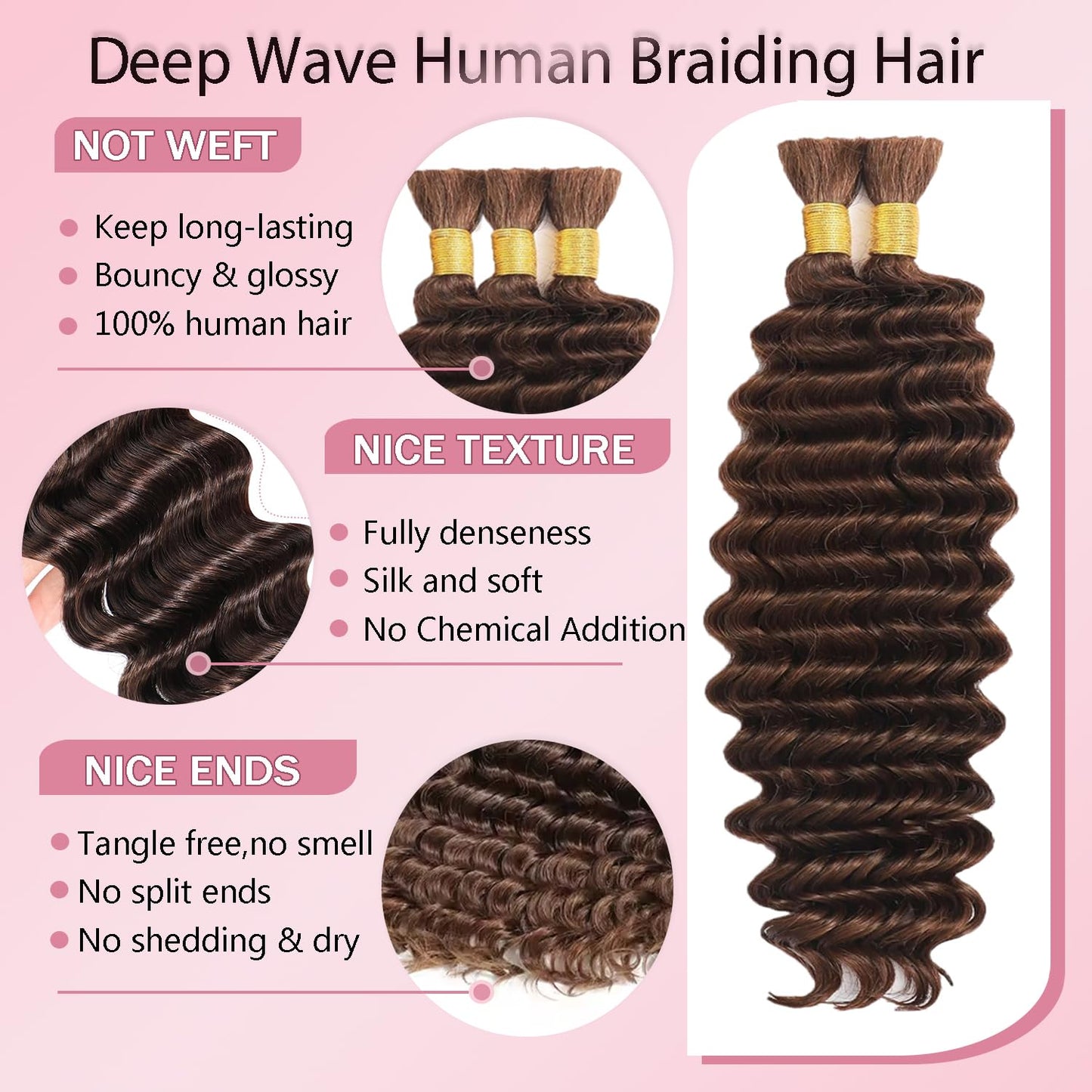 Dark Brown Boho Hair for Braiding #4 Brown Braiding Hair 16 16 16 Inch Chocolate Brown Deep Wave Boho Human Hair for Braiding #4 Curly Hair Extensions for Braids 150g 3 Bundles