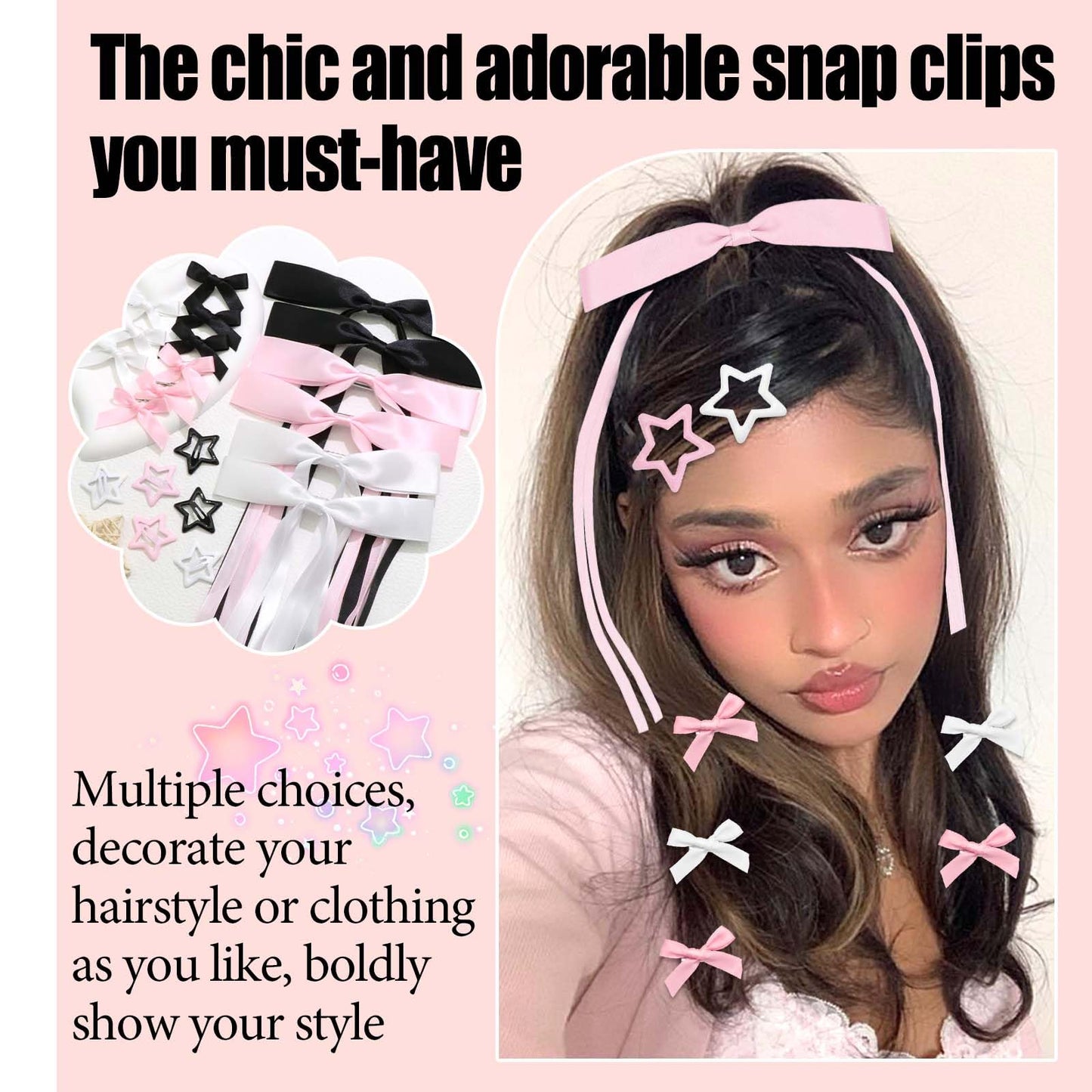 STGDAK 24Pcs Star Hair Clips Pink Bows for Hair Mini Bow Clip White Ribbon Bows Long Tail Cute Star Clip Coquette Y2k Valentines Day Accessories Kawaii Bow Ribbons For Women Girls Valentines Gift