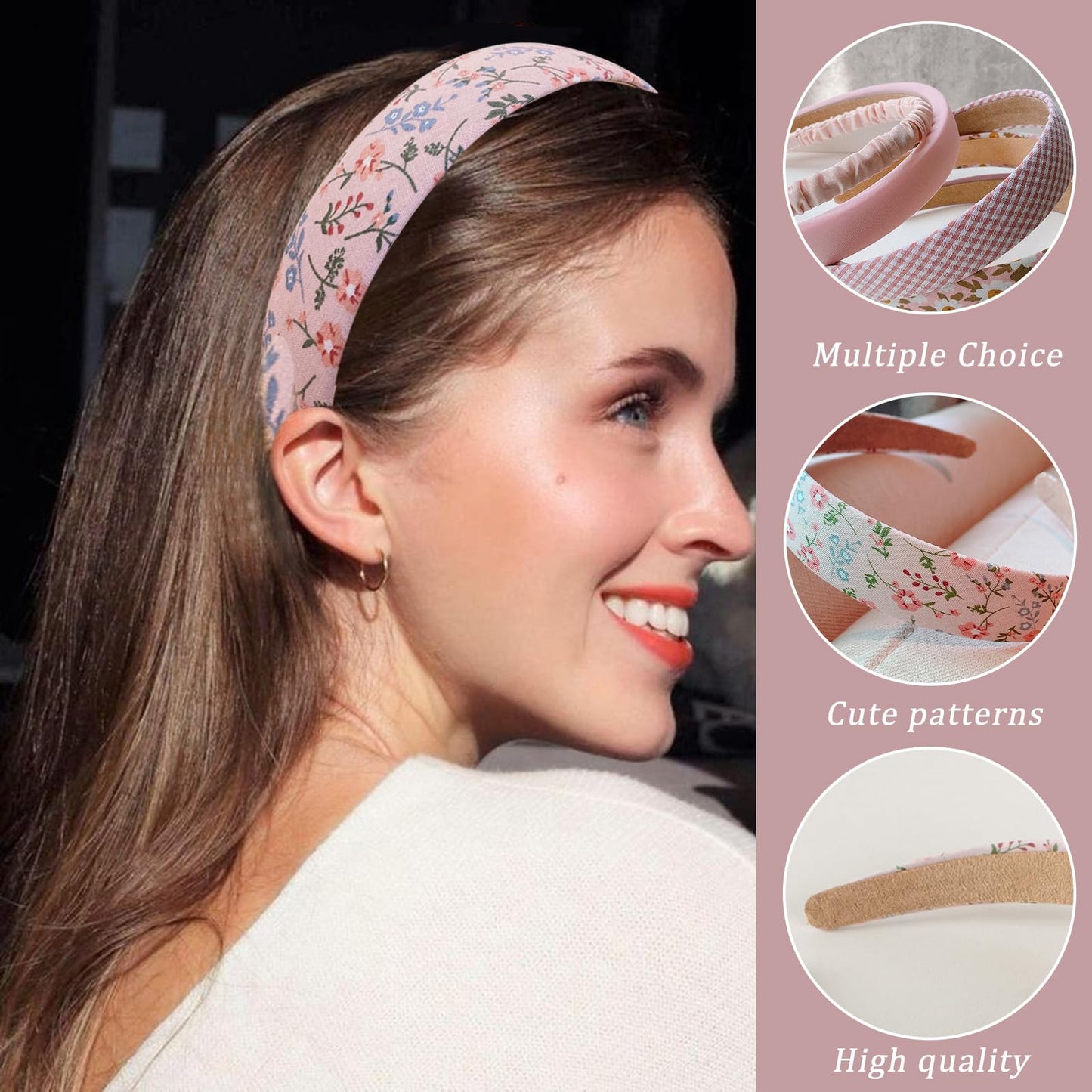 7Pcs Fashion Headband Set with Different Designs: Non-Slip Padded Headbands, Cute Pearl and Vintage Wide Styles for Women and Girls (Pink)