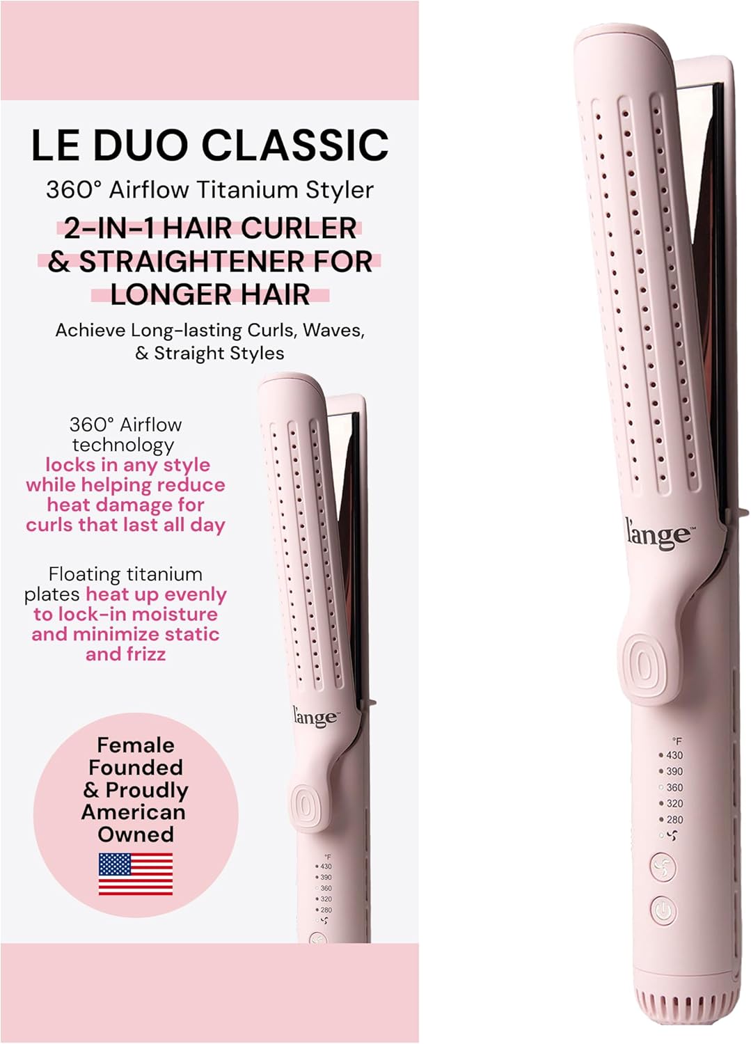 L'ANGE HAIR 2-in-1 Hair Straightener & Curler - 360° Airflow, Titanium Plates | 1" Wand for Long Hair (Blush)