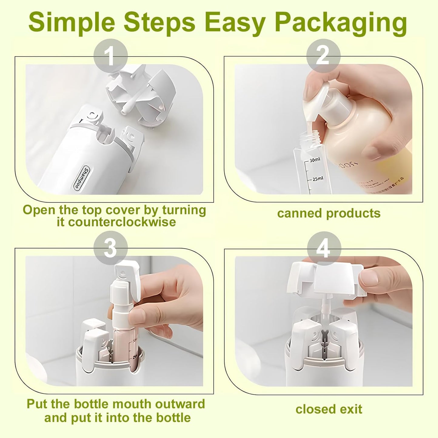 Travel Dispenser Bottle Set - 4-in-1 Leakproof Rotatable Pump for Toiletries | TSA Approved, 4x30ml (Green)