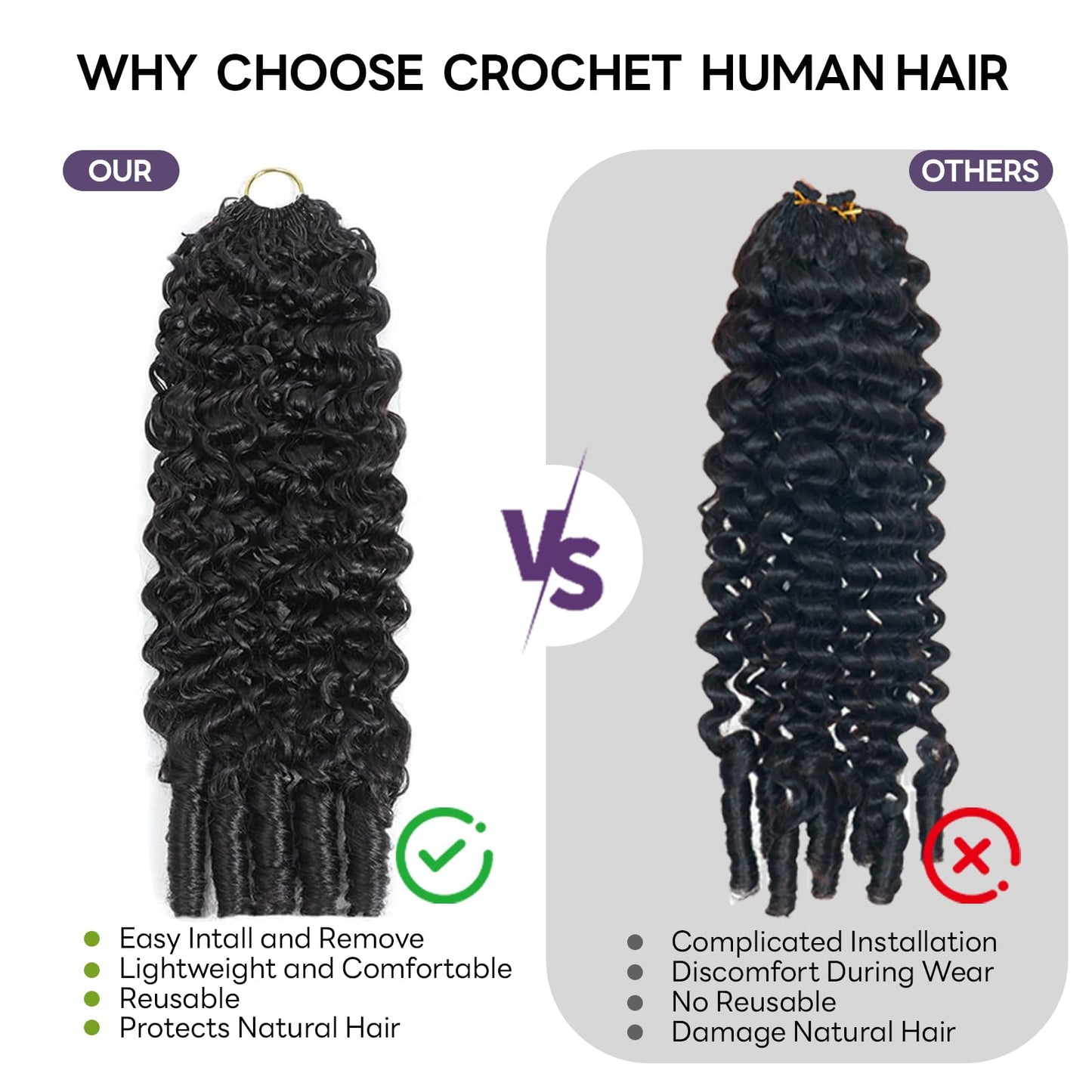 Burmese Curly Feather Crochet Human Hair for Women 18 Inch 60g Invisible Miracle Knots Curly Crochet Human Hair Bundles Pre-Separated Feather Human Hair Extensions Natural Black Human Crochet Hair