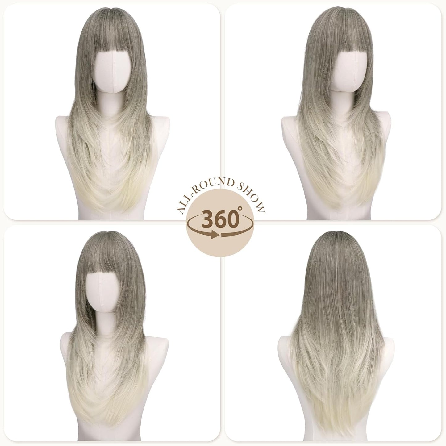 Straight Layered Wigs with Bangs for Women - Natural Synthetic 24-Inch Long Hair Wig for Daily Wear | Party Style