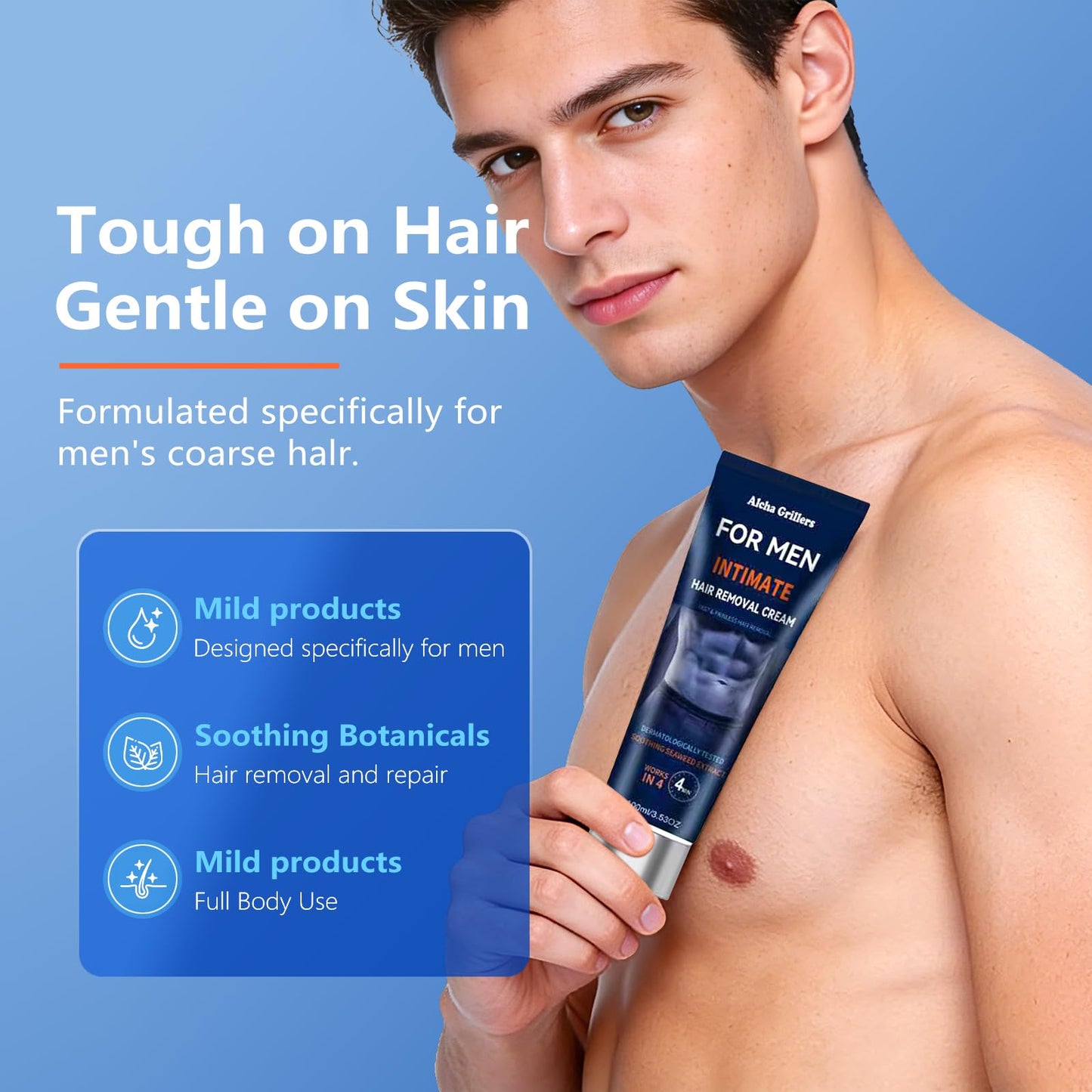 Painless Hair Removal Cream for Men, Intimate & Body Depilatory Cream for Male Grooming, Quick Hair Dissolving, Moisturizing Gentle Formula with Seaweed Extract, 100ml (1pcs)
