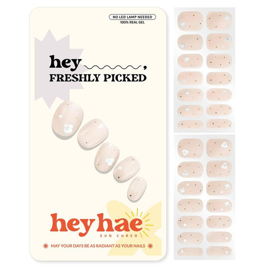 Heyhae Semi Cured Gel Nail Strips | No LED Lamp Needed | Pink, Solid | Easy Apply & Remove, Salon Quality | Includes 28 Strips, 1 Prep Pads, Nail File & Wooden Stick - Hey, Freshly Picked