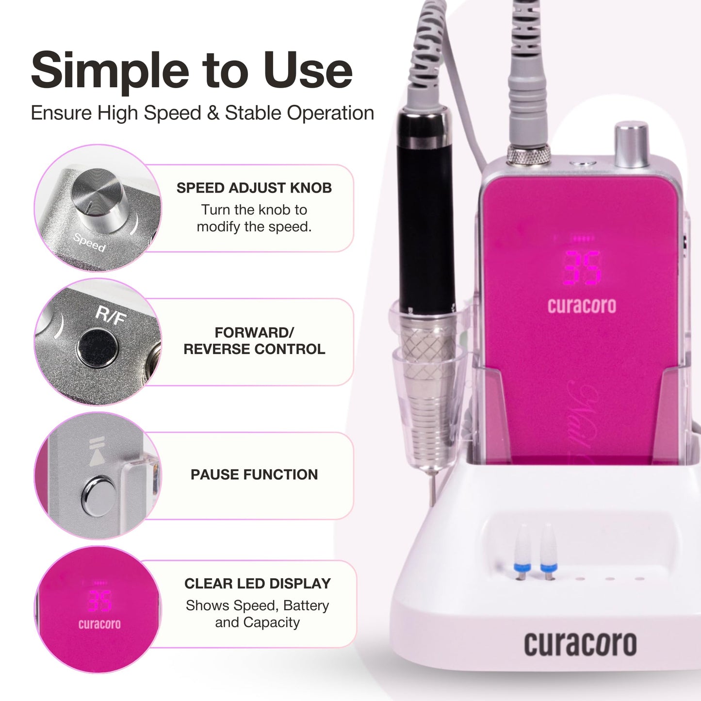 Curacoro Nail Drill Professional - 35000RPM Electric Nail File with 80W Brushless Motor, High Torque, Low Noise & Vibration, Portable Efile for Acrylic Gel Removal, Salon & Home Use