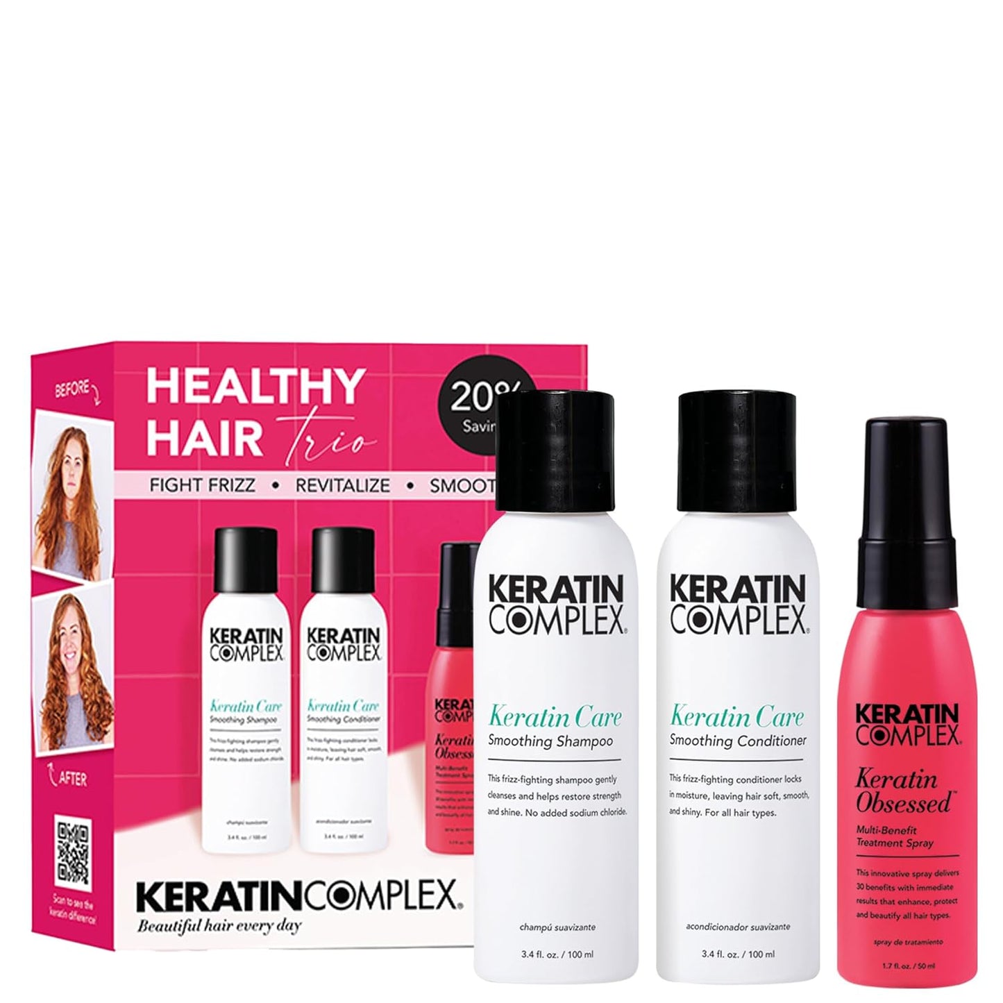 Keratin Complex Healthy Hair Trio | Keratin Care Shampoo & Conditioner Set 3.4 fl oz + Multi-Benefit Treatment Spray 1.7 fl oz