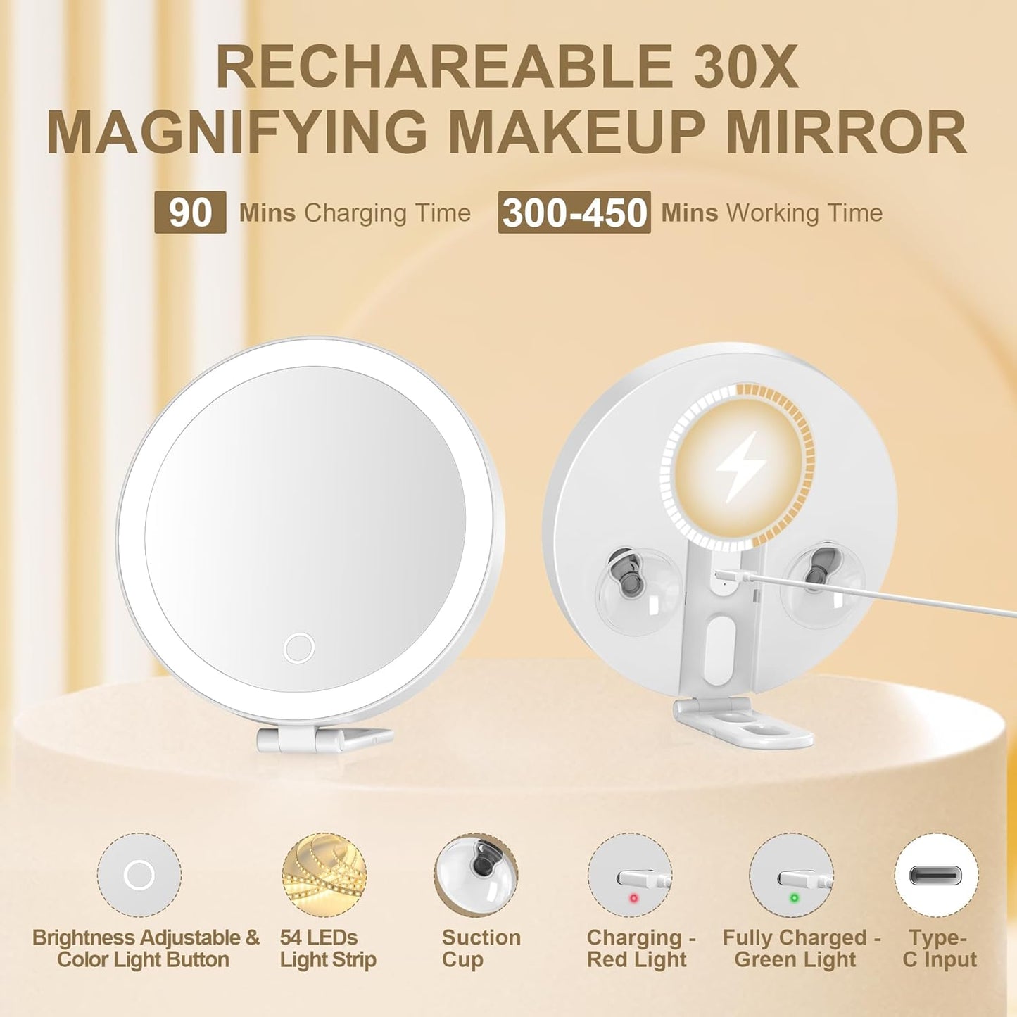 30x Magnifying Makeup Mirror with Light - 6" Travel Size, 3 Suction Cups, 3 Lighting Colors | Handheld Design, Stable Stand