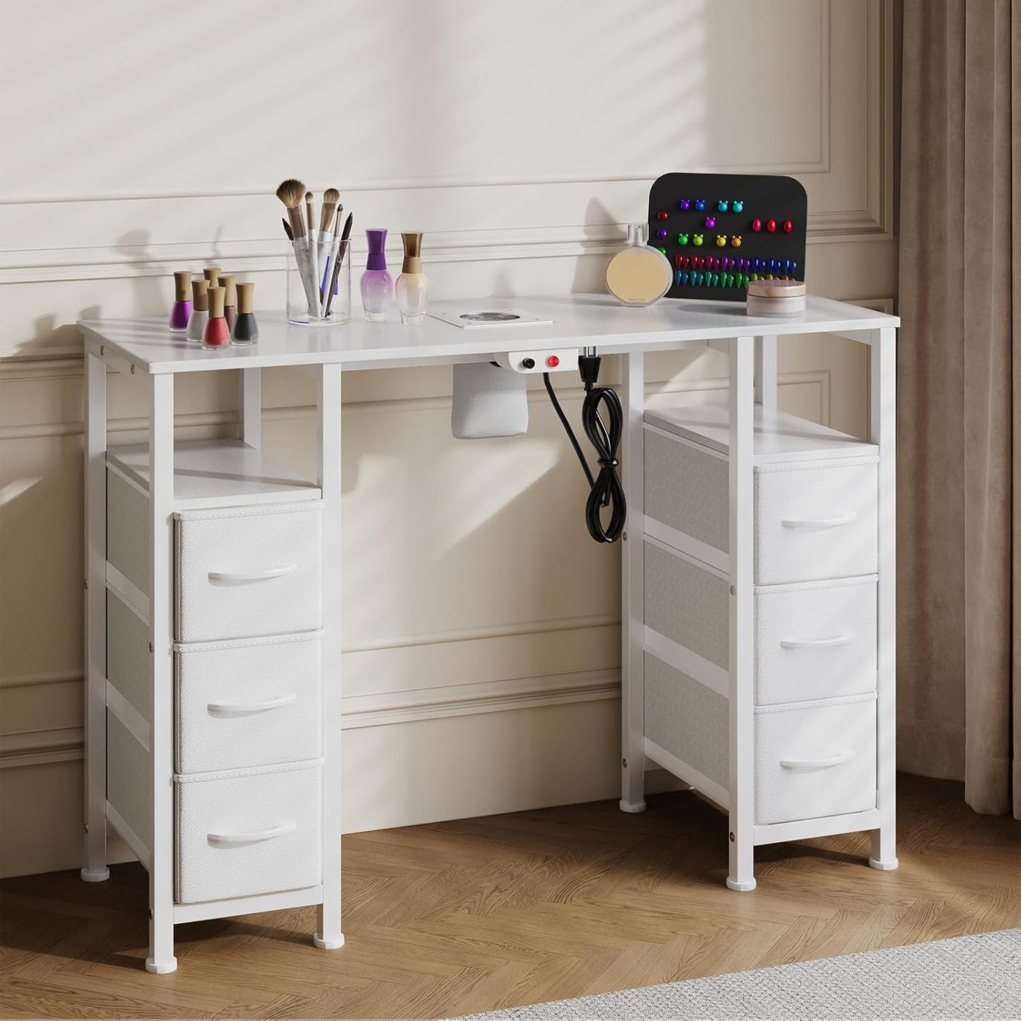 Manicure Table - Nail Tech Desk with Electric Dust Collector & 6 Storage Drawers | White Beauty Workstation