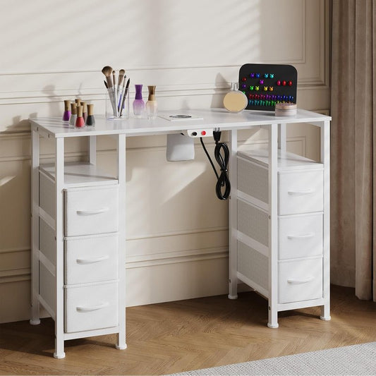 Manicure Table - Nail Tech Desk with Electric Dust Collector & 6 Storage Drawers | White Beauty Workstation