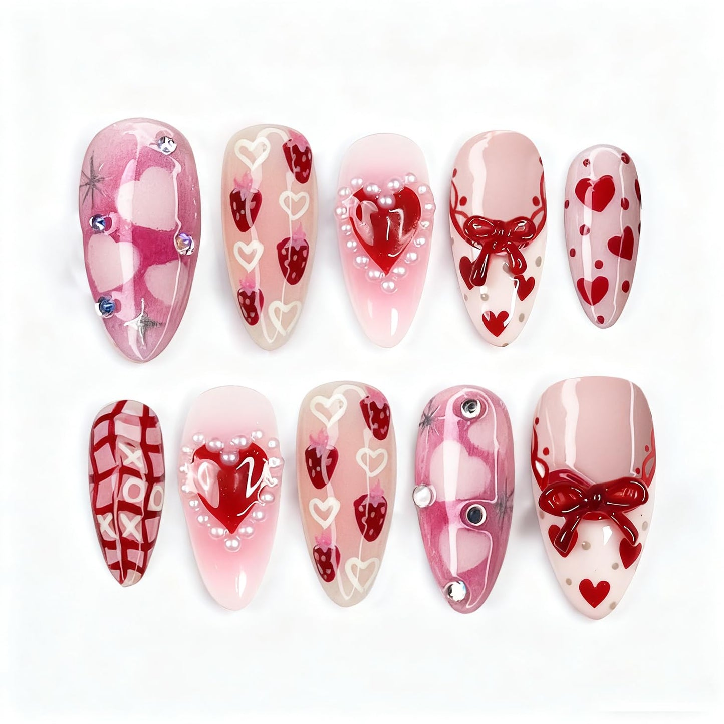 Christmas Press-On Nails - Medium Almond Winter Snowflake Design | 24 Pcs Acrylic Full Cover with Diamond Accents