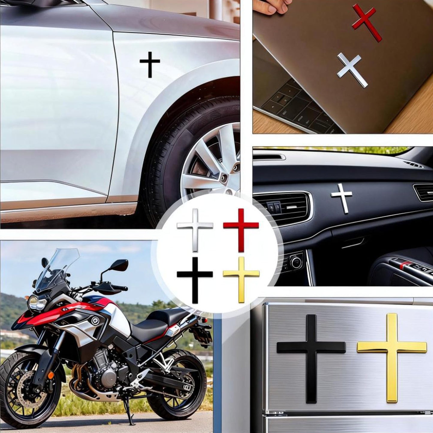 4PCS 3D Metal Jesus Christ Cross Stickers, 2.5"×1.8" Alloy Car Cross Sticker for Vehicles, Self Adhesive Scratch Covering Car Accessories Decals for Trunk Tailgate Side Decoration