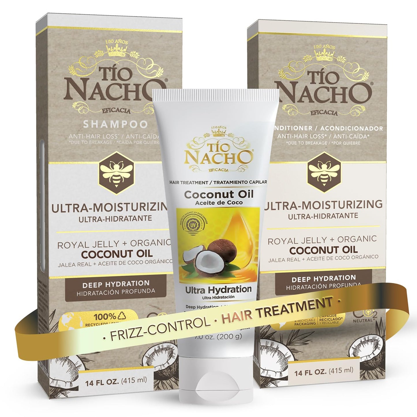 Tio Nacho Ultra-Moisturizing Shampoo, Conditioner and Treatment Set with Royal Jelly and Coconut Oil – Hydrating Hair Care for Dry Hair, Frizz Control & Anti Hair Loss (3pc Bundle)