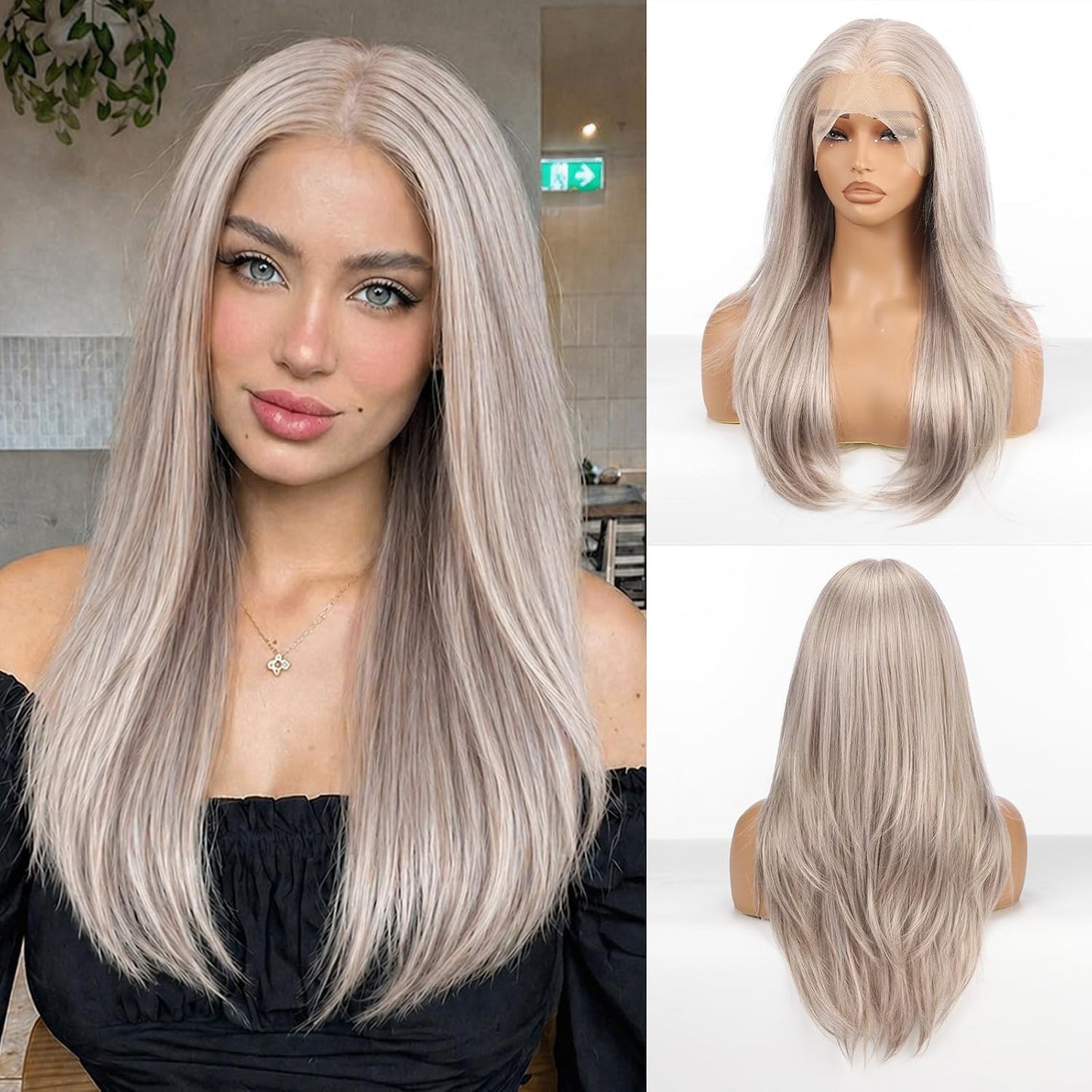 Ash Blonde Synthetic Lace Front Wig for Women - 13x4 Long Layered Hair, Natural Glueless Hairline, 20 Inch