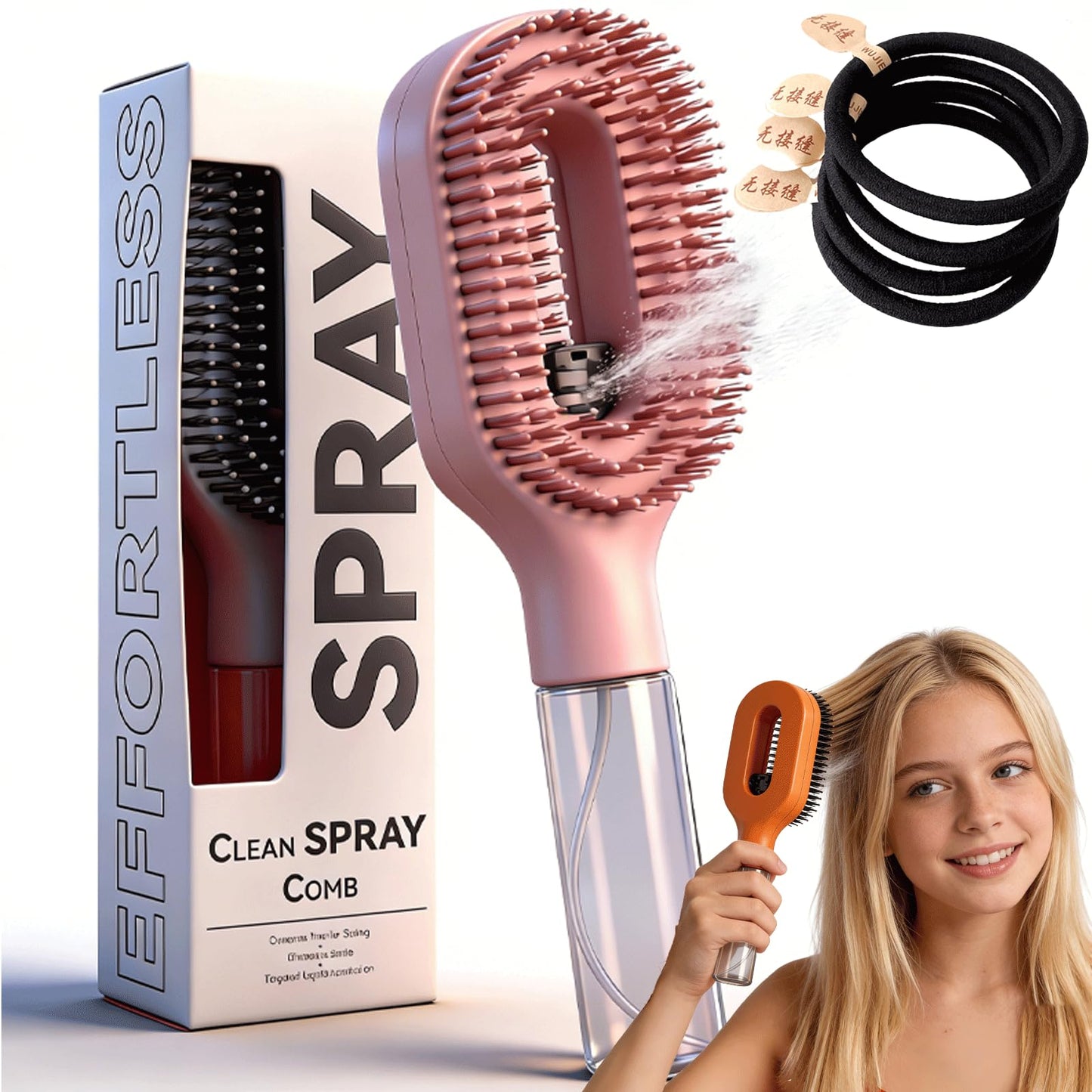2-in-1 Detangling Brush with Built-In Mist & Wet & Dry, Liquid Spraying Hair Brush | spray brush for hair, Frizz-Free Hair - Quick Refresh for Women & Girls On-The-Go (Pink)