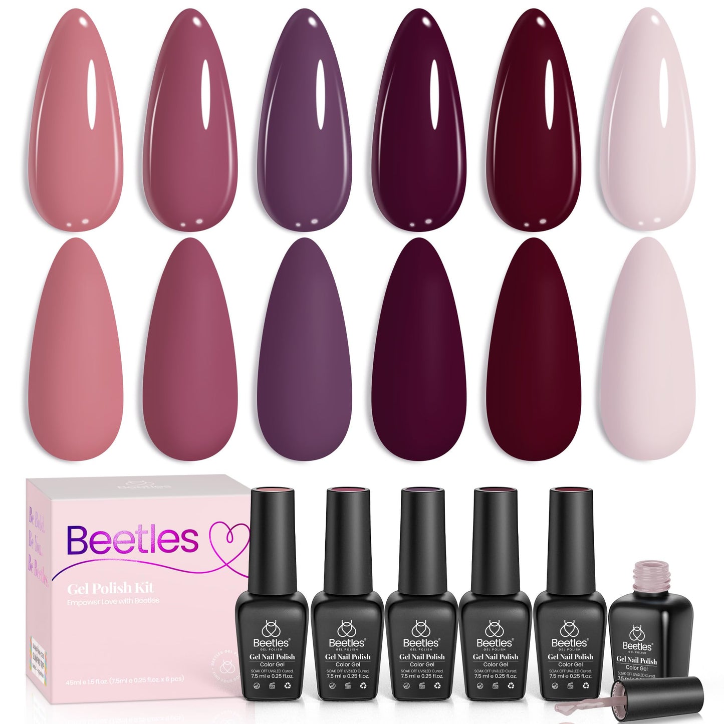Beetles Purple Gel Polish Set - 6 Color Purple Burgundy Maroon Mauve Plum Gel Polish Kit, Soak Off UV LED Nail Gel for Manicure Nail Art Gifts for Women