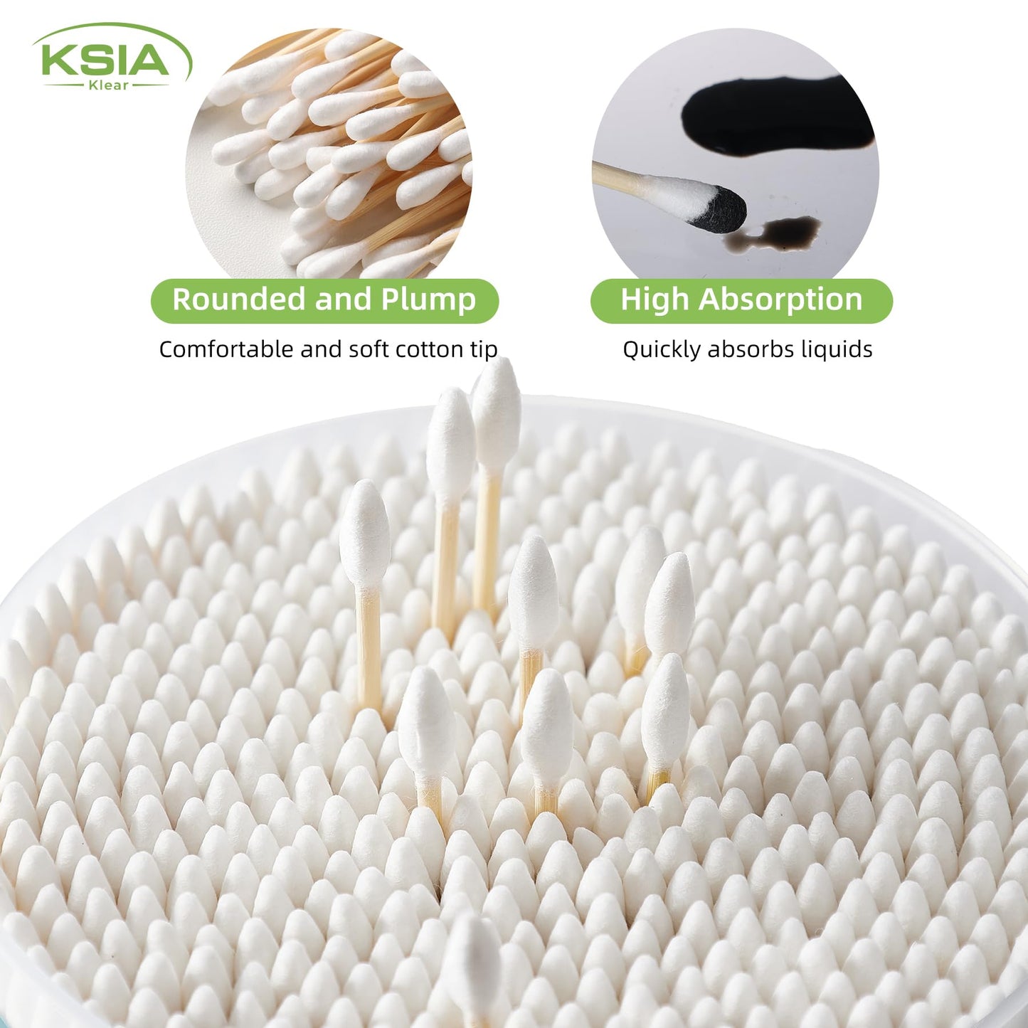 KSIA Klear Cotton Swabs 500 Count, Double Tipped Cotton Buds with Pointed & Round Tips, Strong Wooden Sticks Cotton Swabs For Ears, Makeup, Personal Care and Cleaning, 1 Box Pack