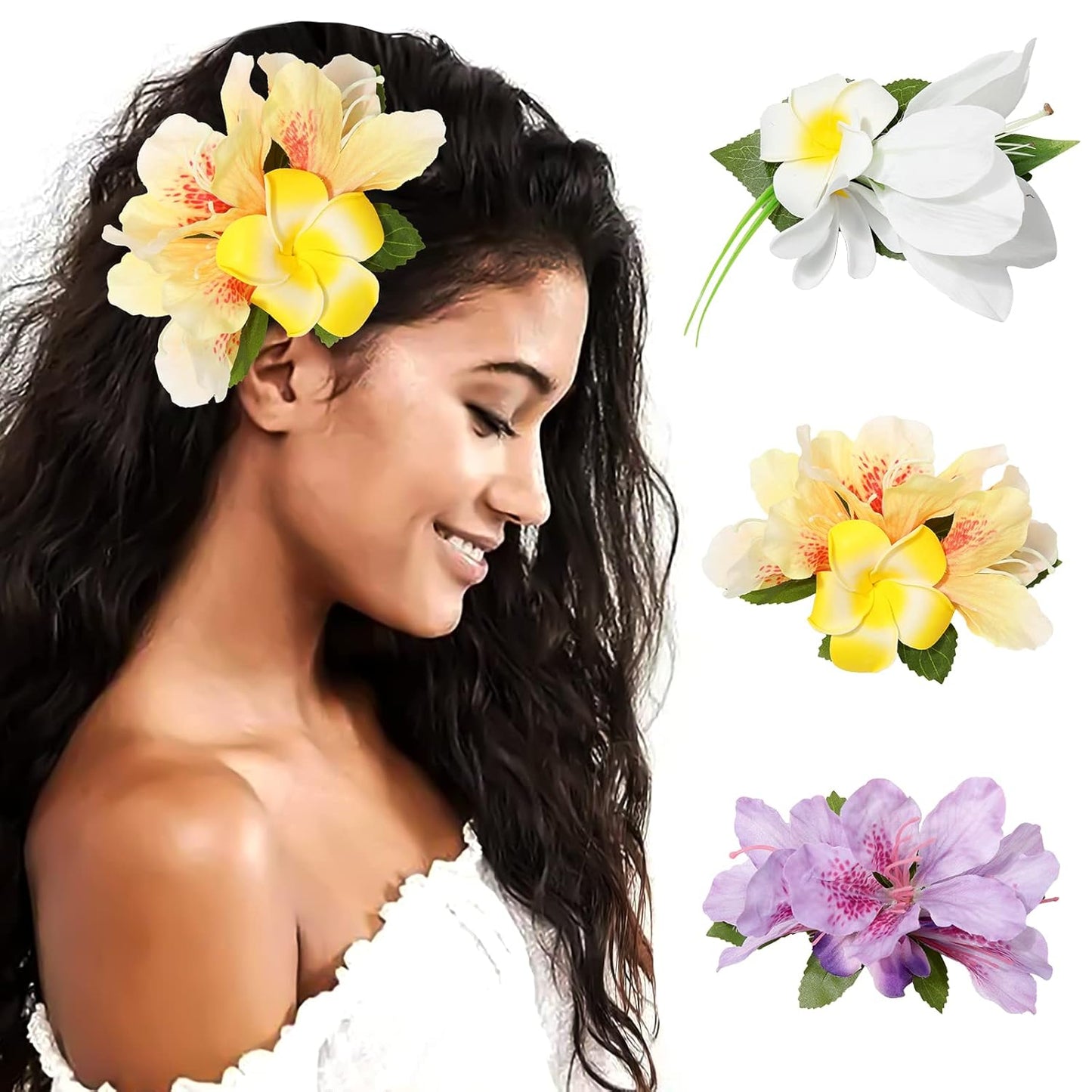 Hawaiian Flower Hair Clips - 3-Piece Set of Tropical Hair Pins | Artificial Floral Accessories in Blue, Pink, Purple