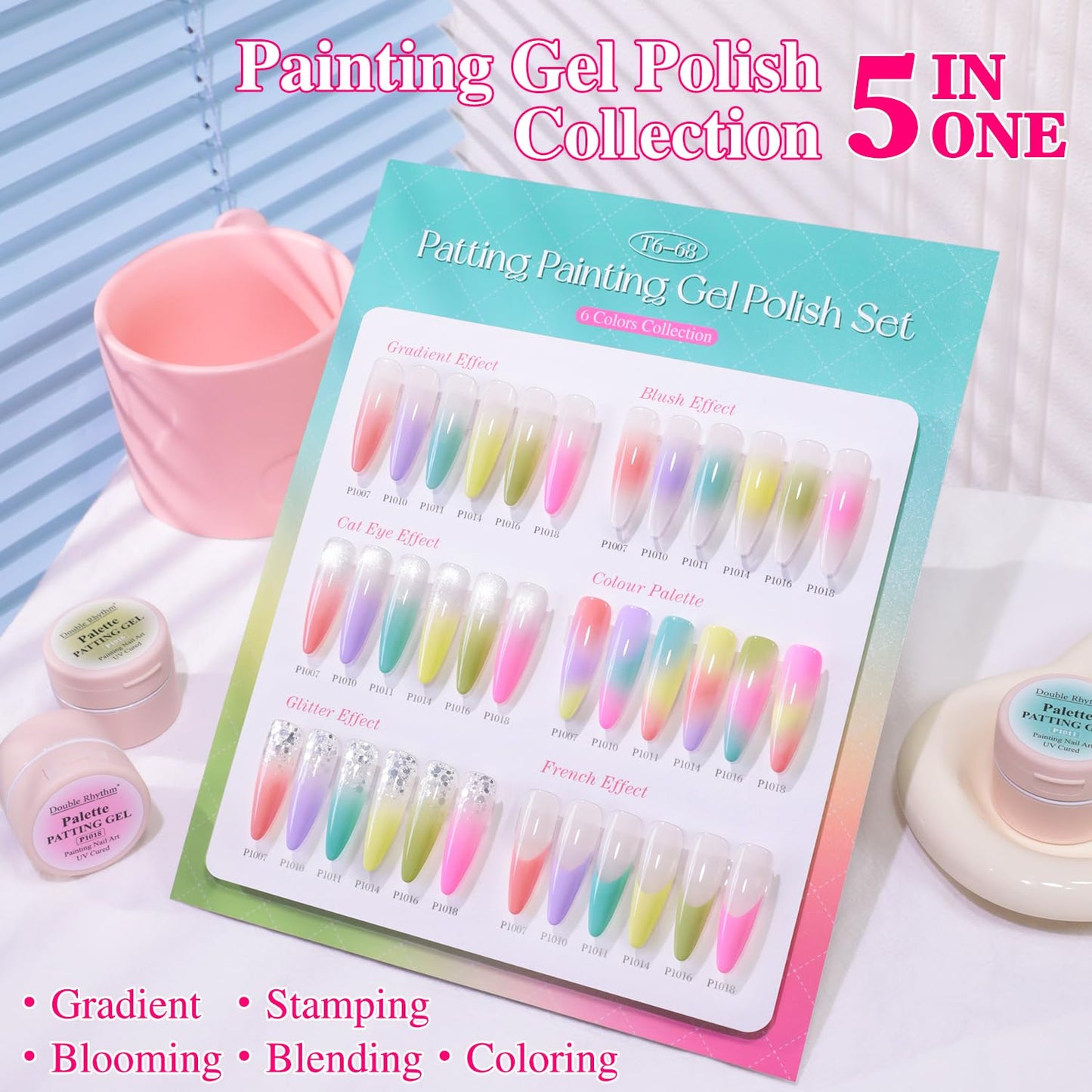 Double Rhythm Nail Art Gel Polish Set - 6 Vibrant Colors with 100 Sponges & Grabbing Pen | Perfect for Creative Designs