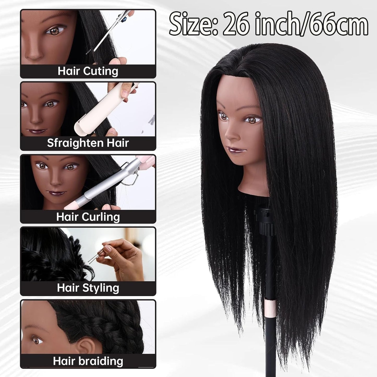 26'' Black Human Hair Mannequin Head for Cosmetology | Styling Doll with Clamp Holder & Tools Set