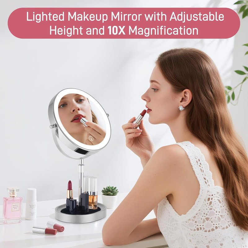 Adjustable-Height Rechargeable Makeup Mirror - 3 Color Lights, Touch Screen, 8'' Dual-Sided 1X/10X | 360° Rotation with Jewelry Tray