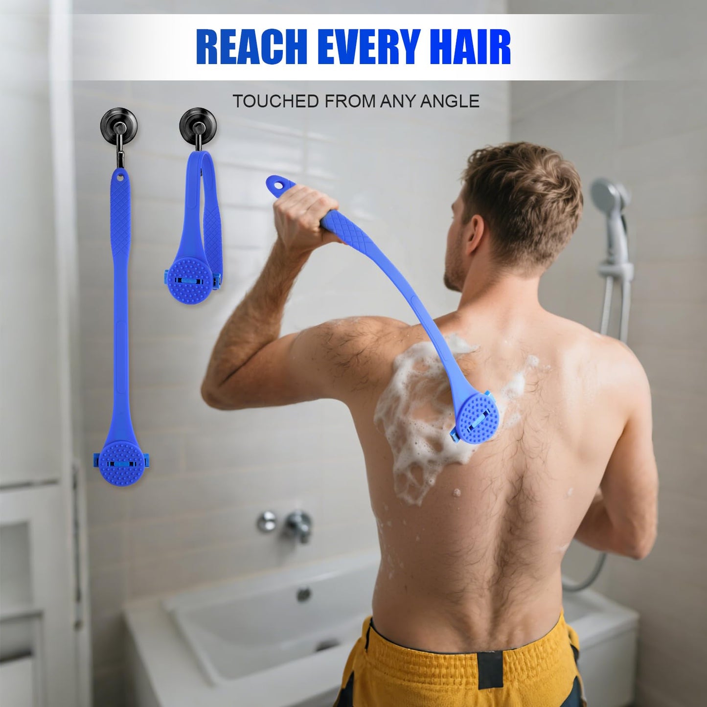 Back& Body Shaver for Men,Back Hair Trimmer for Men with Long Bendable Ergonomic Silicone Handle,10 of The Wet or Dry Disposable Razor Blades,Bath Brush Included(Blue)