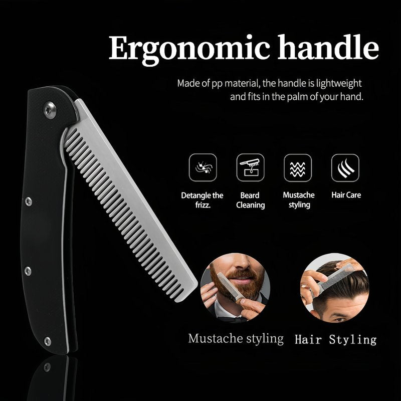Folding Pocket Comb for Men - Stainless Steel Travel Hair & Beard Styling Tool, Compact 180° Rotating Design, Smooth Rounded Teeth, Portable Grooming Comb