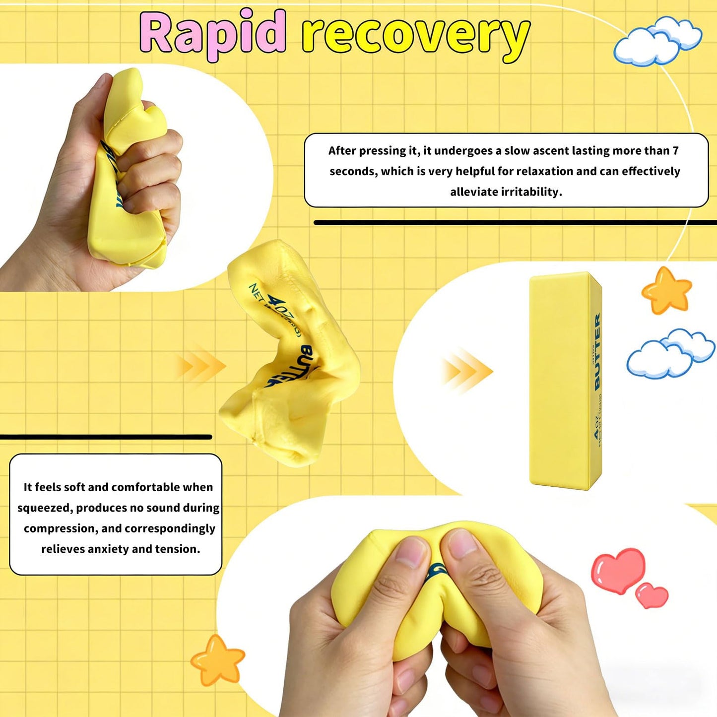 Butter Squishy, Slow Rising Butter Squeeze Toy, Soft Sensory Fidget Toy for Stress Relief, Anxiety Relief Squeeze Ball, Cute Realistic Butter Stick Toy for Adults Kids Gifts (1PCS)