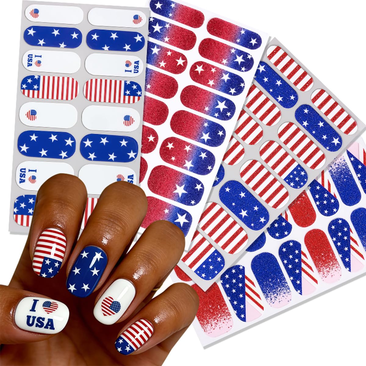 4Sheets 4th of July Gel Nail Strips Stickers Independence Day Full Wrap Nail Stickers American Flag Star Design Patriotic Nail Polish Strips 3D Self Adhesive Summer Holiday Nail Wraps Decals for Women