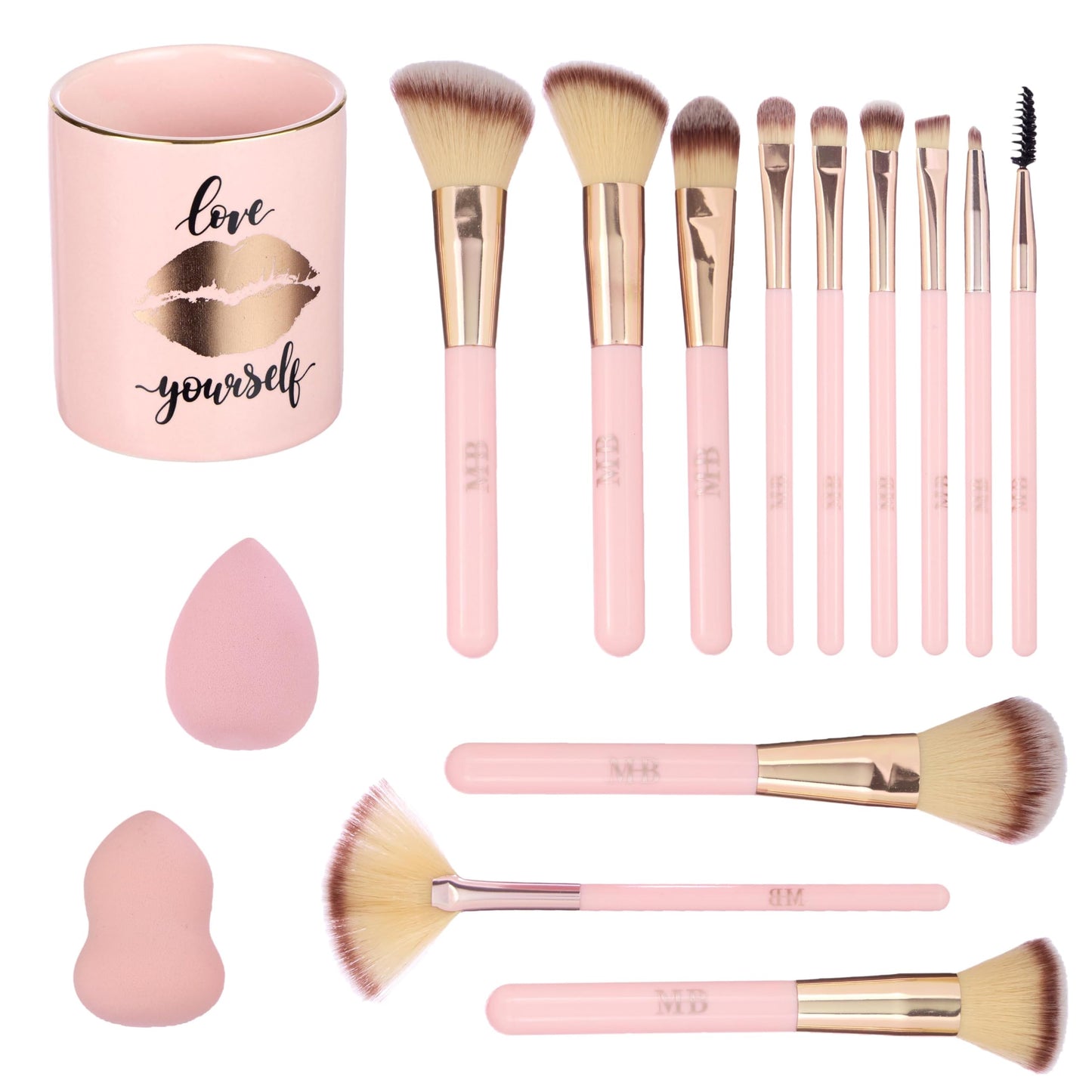 15pc Pro Beauty Brush Set – Makeup Brushes, Beauty Blenders, Spoolie & Storage Tumbler | Professional Cosmetic Tools for Face & Eyes | Complete Glam Makeup Kit for Women & Girls
